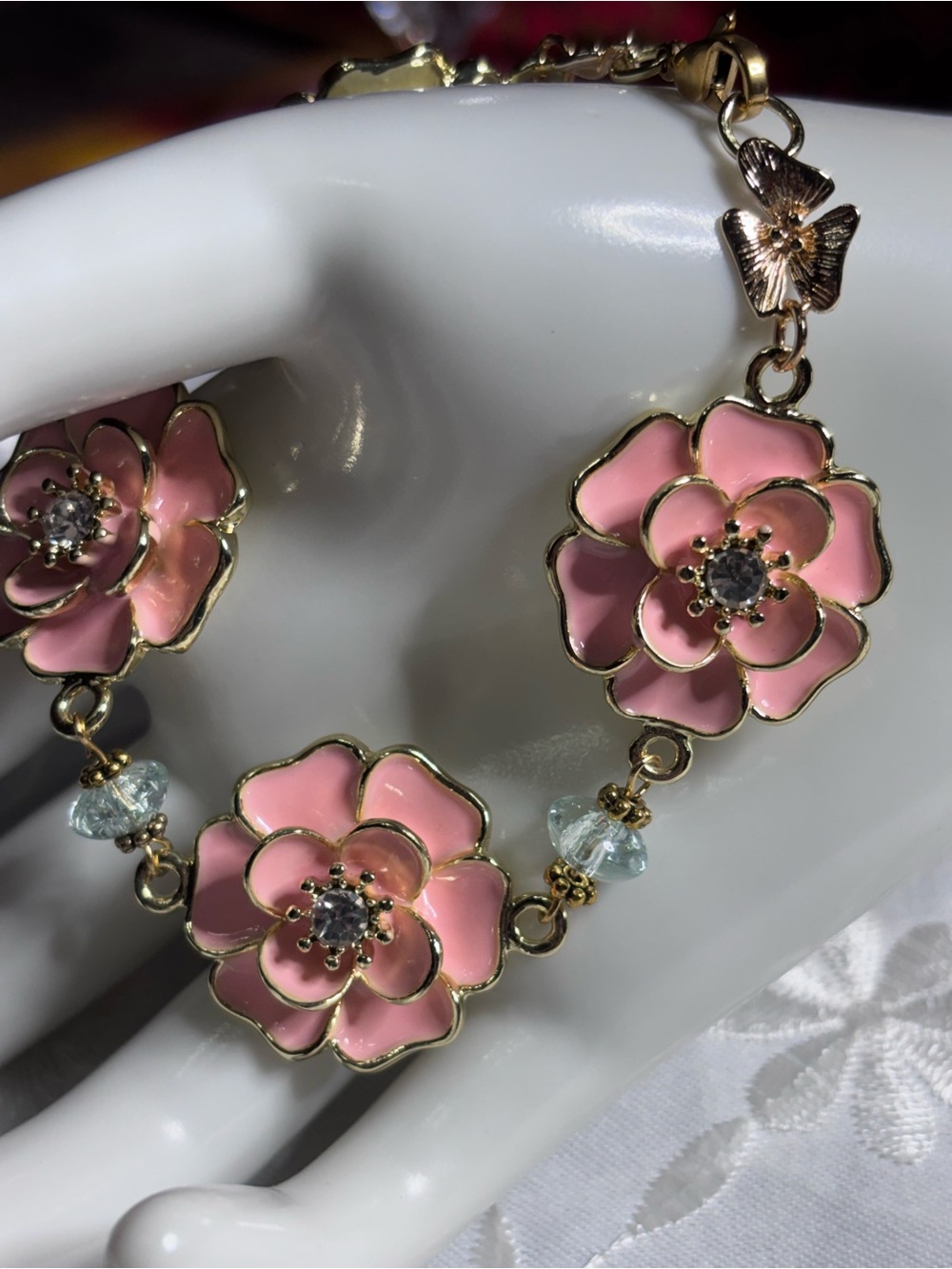 Handmade Pink Floral and Crystal Accent Bracelet - Women's Jewelry